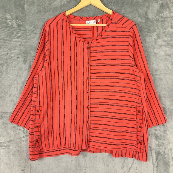 Habitat Top XL Red Striped Lagenlook Artsy Art To Wear Button Up Coastal Boho - Picture 1 of 8